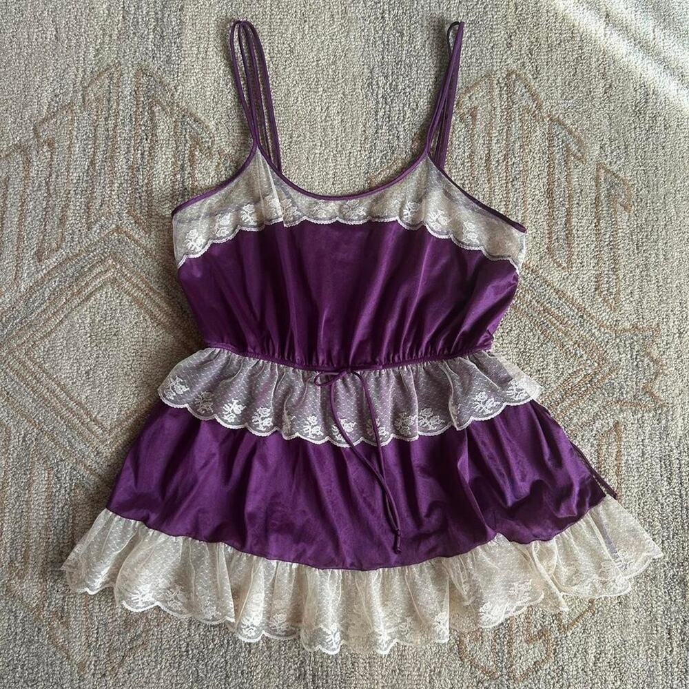 Vintage Fairy Cream Lace Babydoll Slip Top Slinky Coquette Romantic Purple M